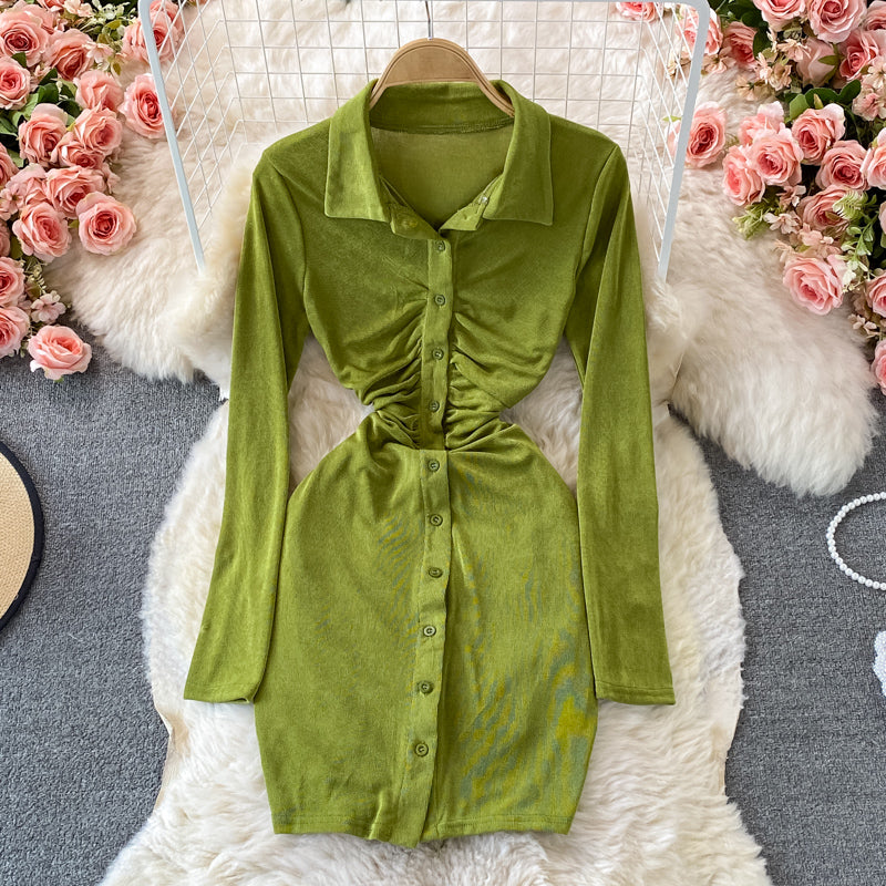High waist pleated Lapel dress women's short skirt  3241