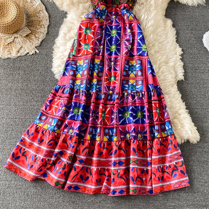 Printed ethnic embroidery suspender dress  3185