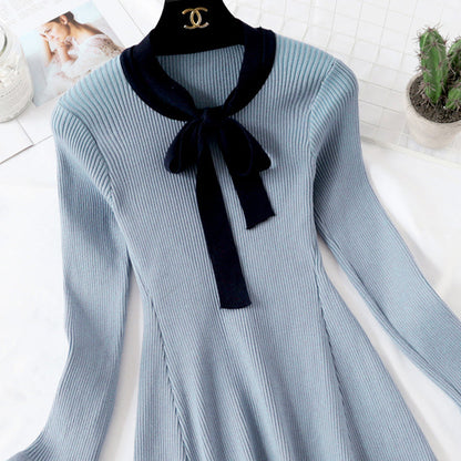 Knitted dress women's new French retro knee length wool dress  2144