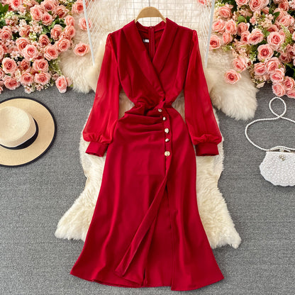Suit collar waist slit dress elegant temperament Hip Wrap slit skirt  3233