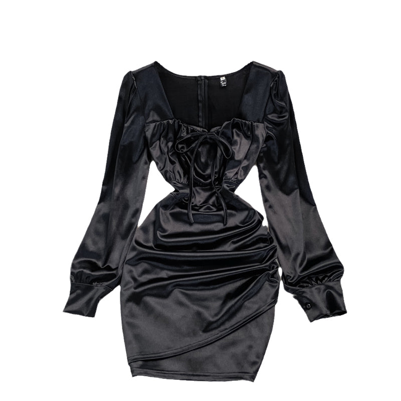 Pleated bubble sleeve square neck acetate satin dress Hip Wrap Dress  3023