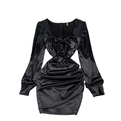 Pleated bubble sleeve square neck acetate satin dress Hip Wrap Dress  3023