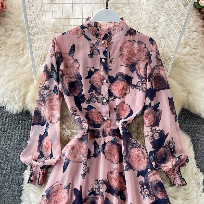 Slim waist and slim temperament French Vintage Chiffon Dress  3198