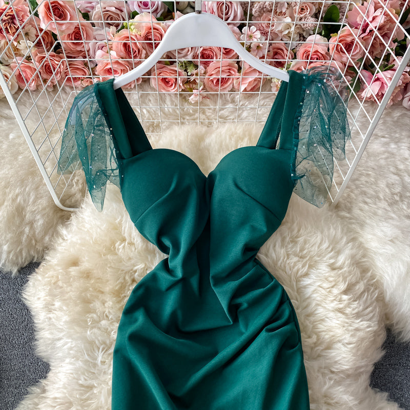 Sexy backless pleated slim wrap hip skirt fashion split dress  3284