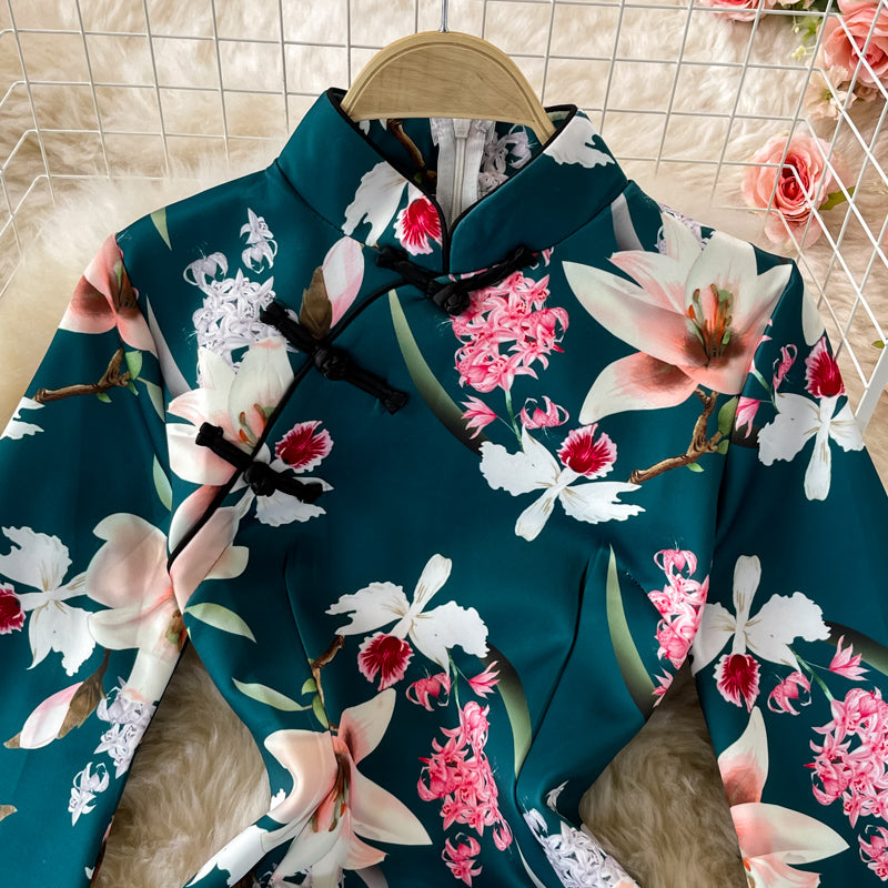 Split cheongsam lace stitched stand collar dress  3244