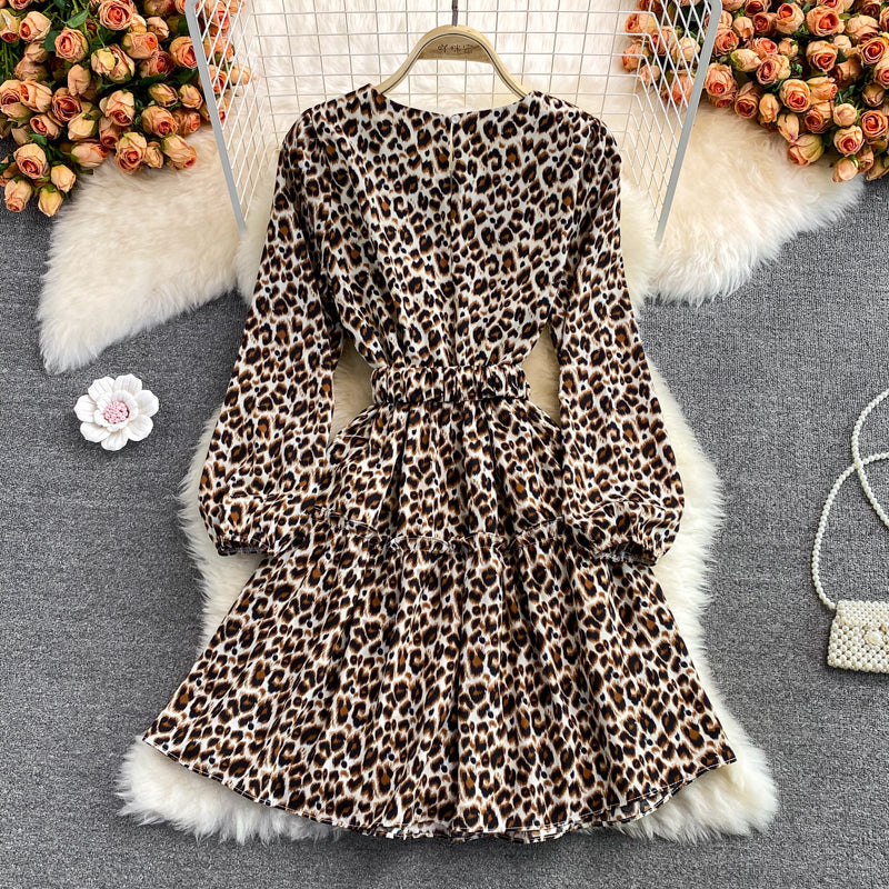 Ruffled round neck long sleeve Leopard Dress  3375