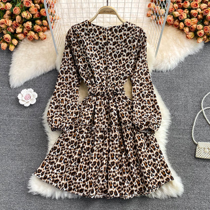 Ruffled round neck long sleeve Leopard Dress  3375