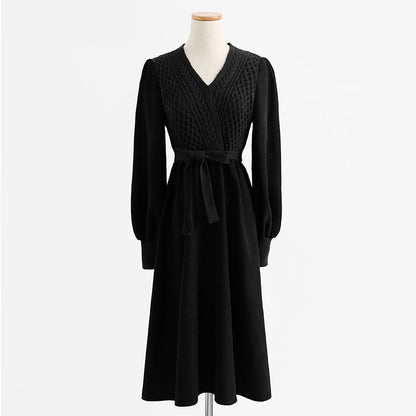 Knitted dress temperament high sense lace up wool dress inner match  2325