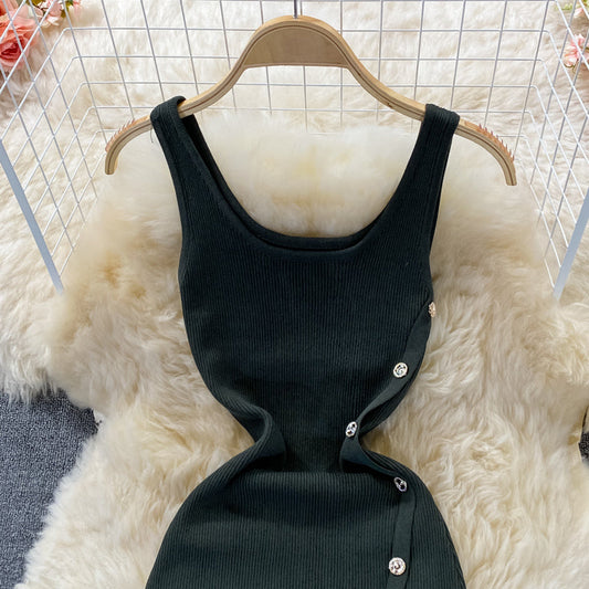 Narrow waist single breasted knitted suspender dress  2898