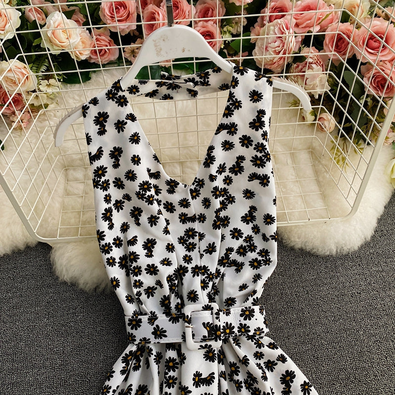 Floral skirt hanging neck V Chiffon Dress  3414