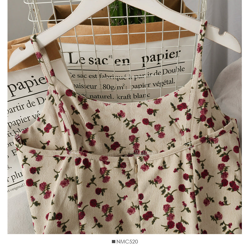 Sweet printed corduroy high waist medium length beautiful back dress for women  2675