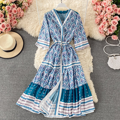 Single breasted V-neck dress large floral long skirt  2969