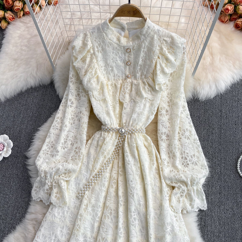 Stand collar backing brushed lace dress  3022