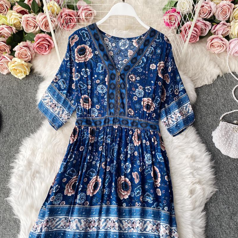 Ruffle floral dress big skirt holiday gentle wind long skirt  3141