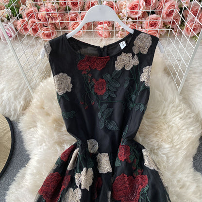French Vintage mesh Rose Embroidered round neck dress  2942