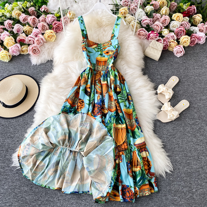 Floral dress open back French long skirt  2847
