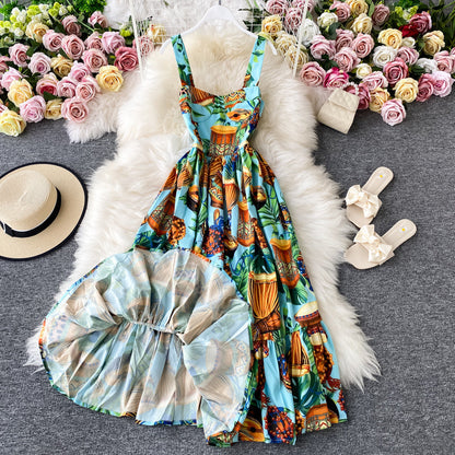 Floral dress open back French long skirt  2847
