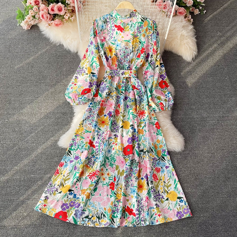Stand collar bubble sleeve fashion printed waist length skirt  3191