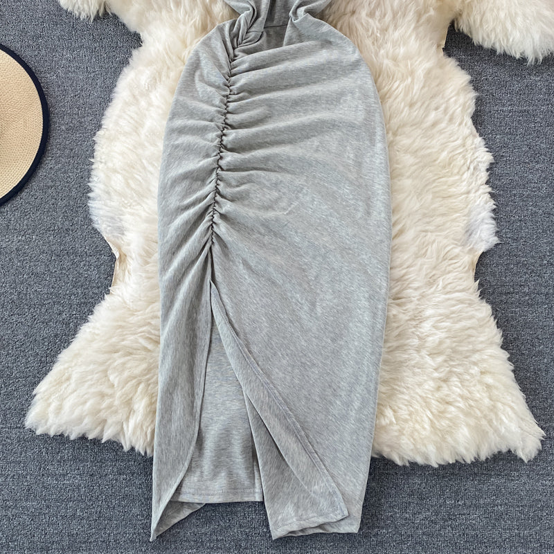 Pleated split suspender skirt with exposed backpack hip dress  3203