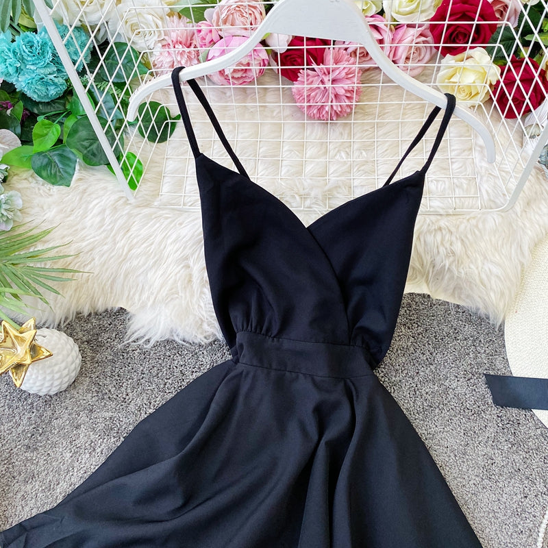 Open back cross suspender skirt waist closing lotus leaf swing dress  2946
