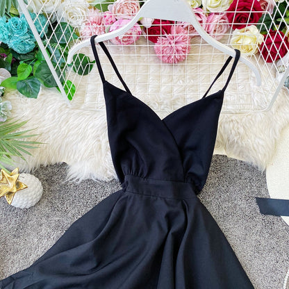 Open back cross suspender skirt waist closing lotus leaf swing dress  2946