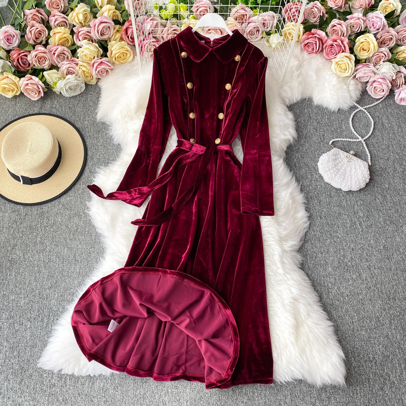 Doll Lapel gold button slim dress big swing velvet dress  3144