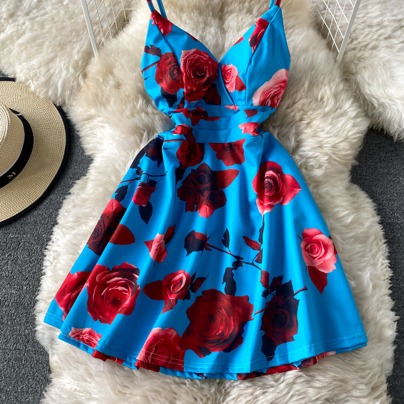 Temperament print slim back A-line dress  2807