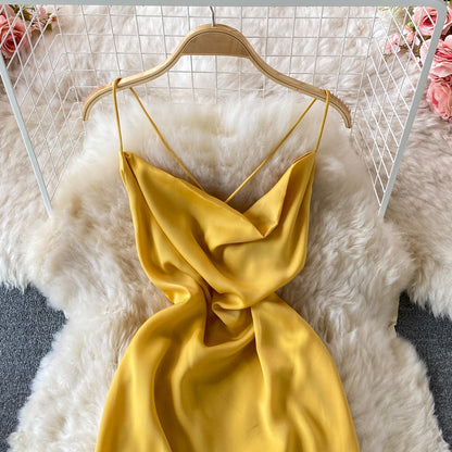 Slim temperament open back gentle wind Satin Dress  3063