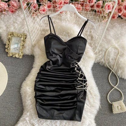 Sexy suspender skirt backless Satin skinny Pleated Dress  2817