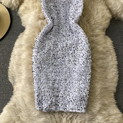 French Hepburn temperament Sequin Hip Wrap Dress  2752