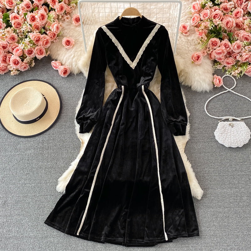 Slim waist with large swing stand neck velvet dress  3106