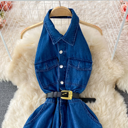 Sleeveless denim medium length open back Lapel dress  3213