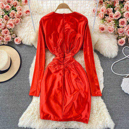 Satin high waist with thin V-neck irregular dress  3352