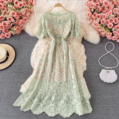 Crew neck water-soluble hollow out Lace Waist slim dress  3212