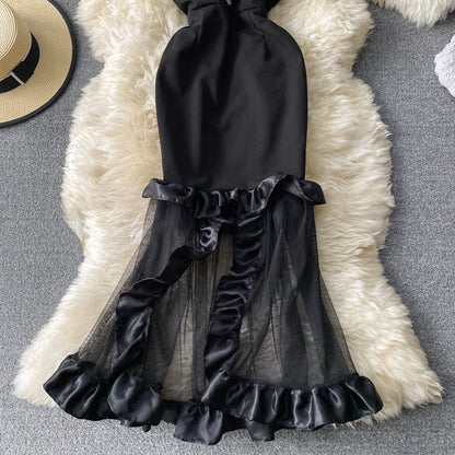 Sexy bra exposed shoulder bag hip fishtail dress yarn  3154