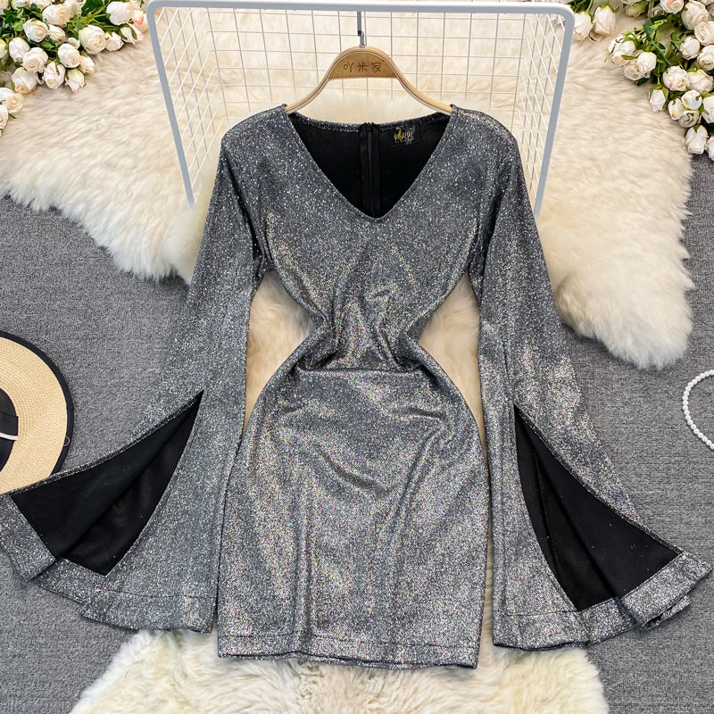High waist V-neck flare flare sleeve dress  2871