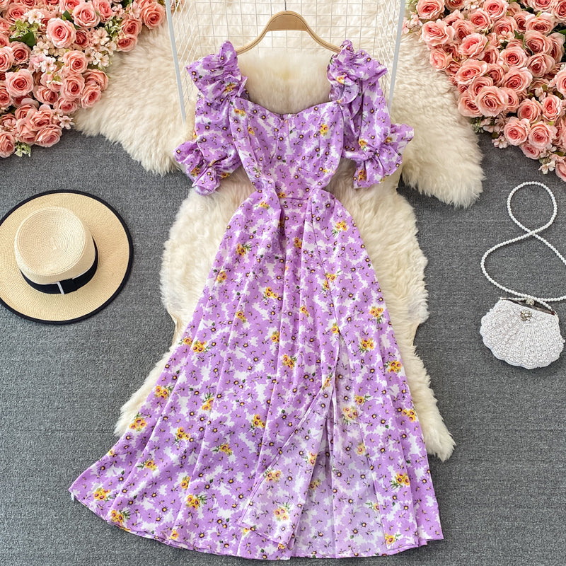 Narrow waist, thin bubble sleeve, first love, gentle wind, long skirt  3344