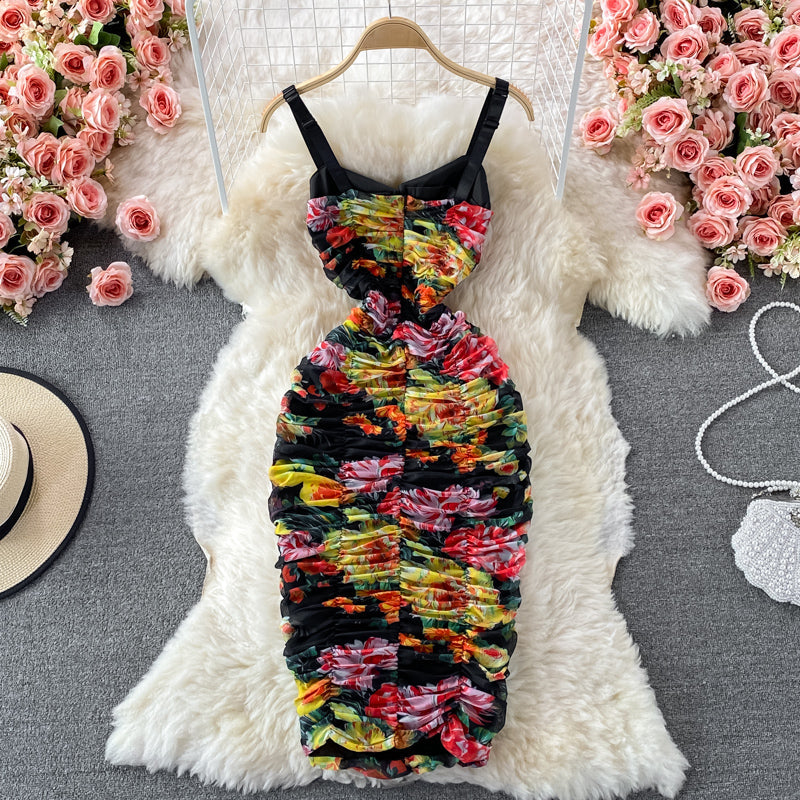 Suspender dress elastic slim mesh printed strapless and buttocks  2821