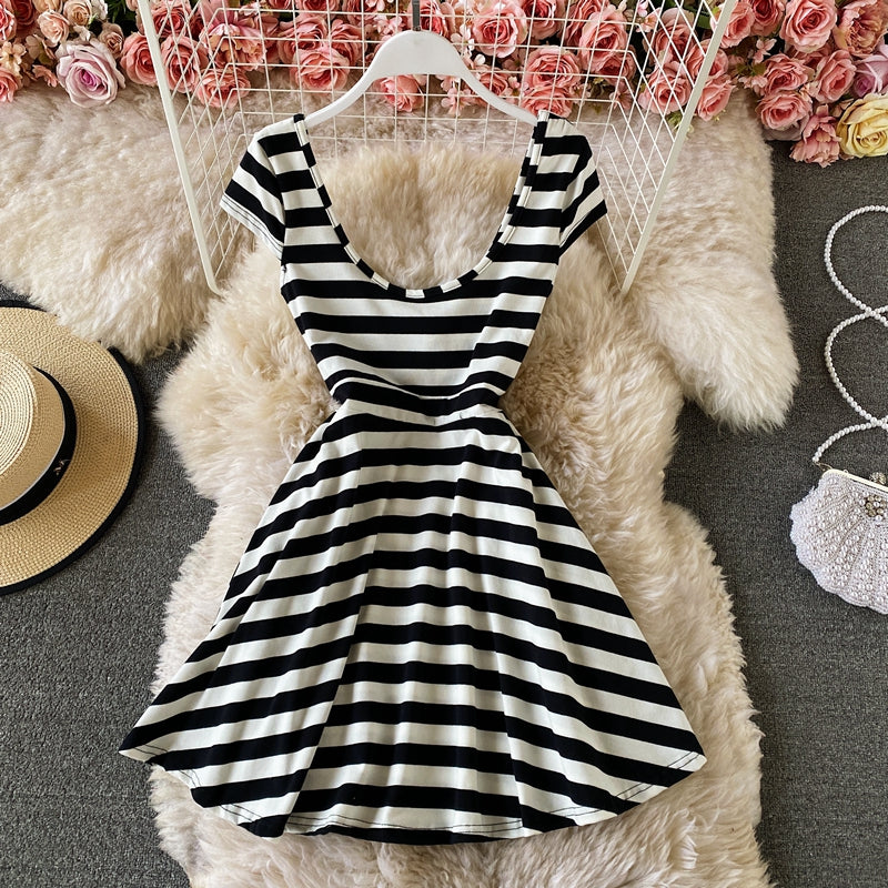 V-neck striped dress slim low cut A-line skirt  3049