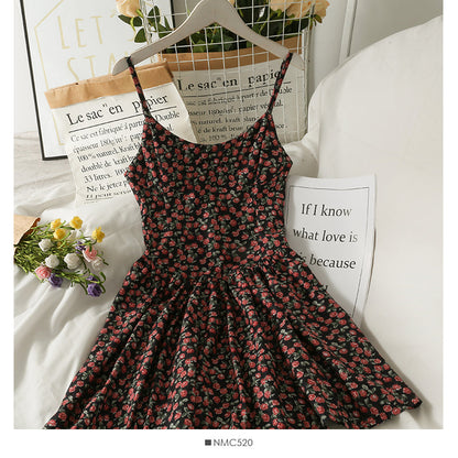 Retro broken flowers show thin waist, high waist suspender skirt, female  2692