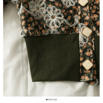 Hong Kong Vintage printed round neck single breasted cardigan top women's jacket  2115