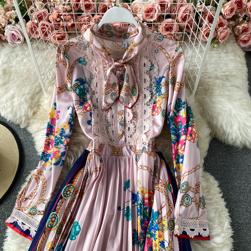 Celebrity temperament foreign style bow print Pleated Dress  3167