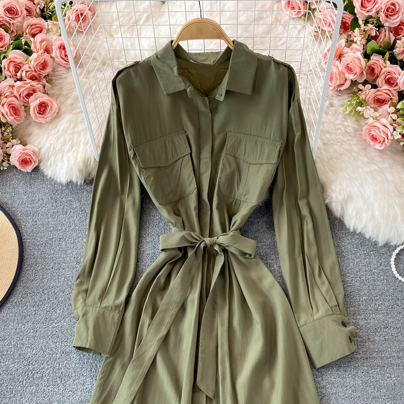 Loose and slim medium length single breasted Lapel dress  3245