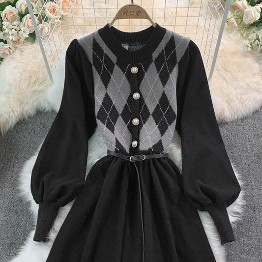 Round neck corduroy stitched knitted dress  3021