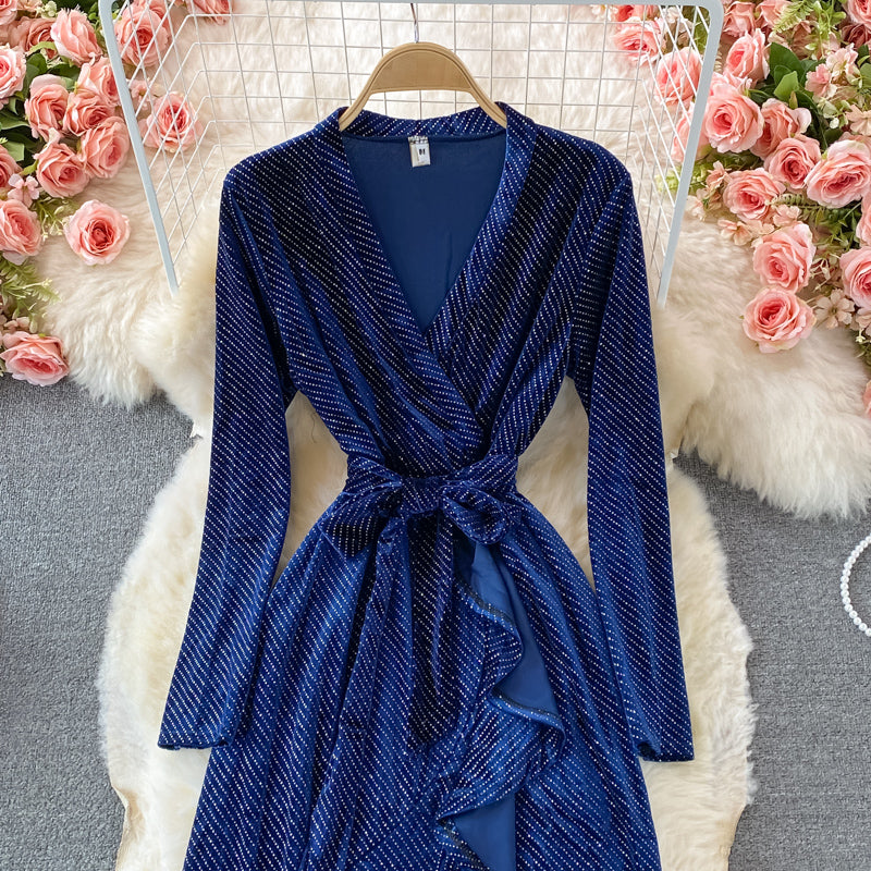 Hot diamond V-neck velvet dress fishtail long skirt  3107