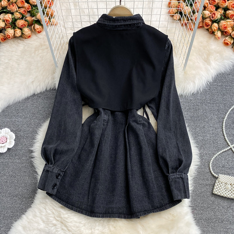 Slim waist, fake two waistcoats, lapel denim dress  3116