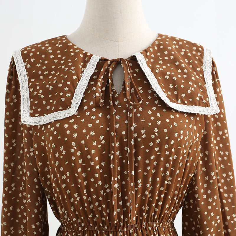 New autumn retro waist slim doll collar coffee floral skirt lace up skirt  2328