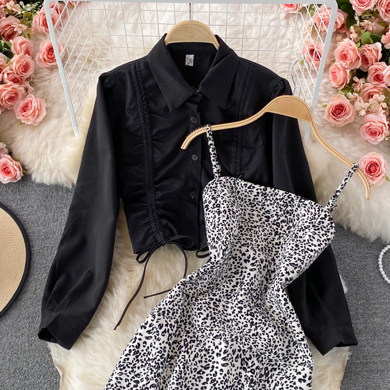 Slim leopard suspender dress two-piece set female  3243