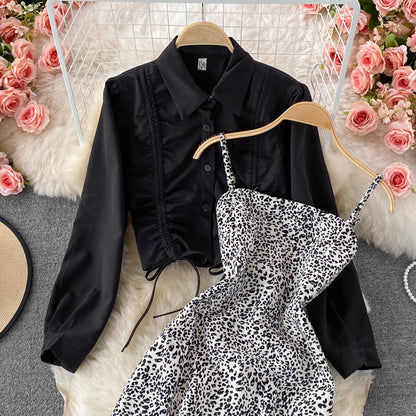 Slim leopard suspender dress two-piece set female  3243