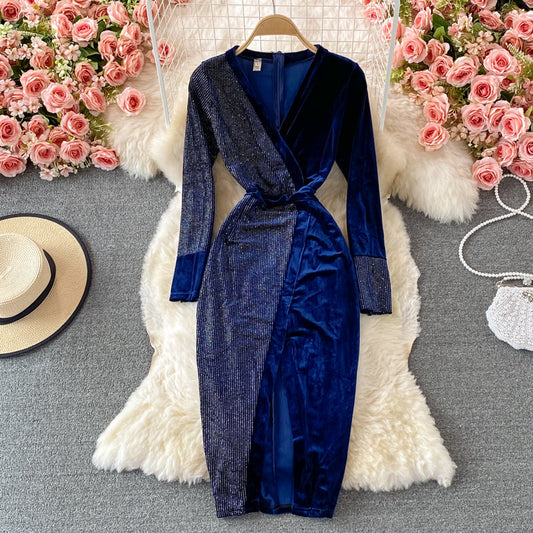 Hot drill velvet dress long skirt waist closing slim cut Hip Wrap Dress  3235